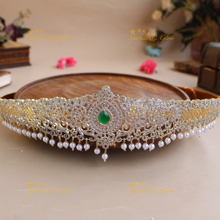 Glittering Floral and branch design American diamond hipbelt with emerald in centre and pearl drops