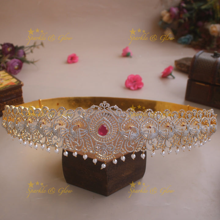 Beautiful Peacock design American diamond hipbelt with ruby and pearl drops