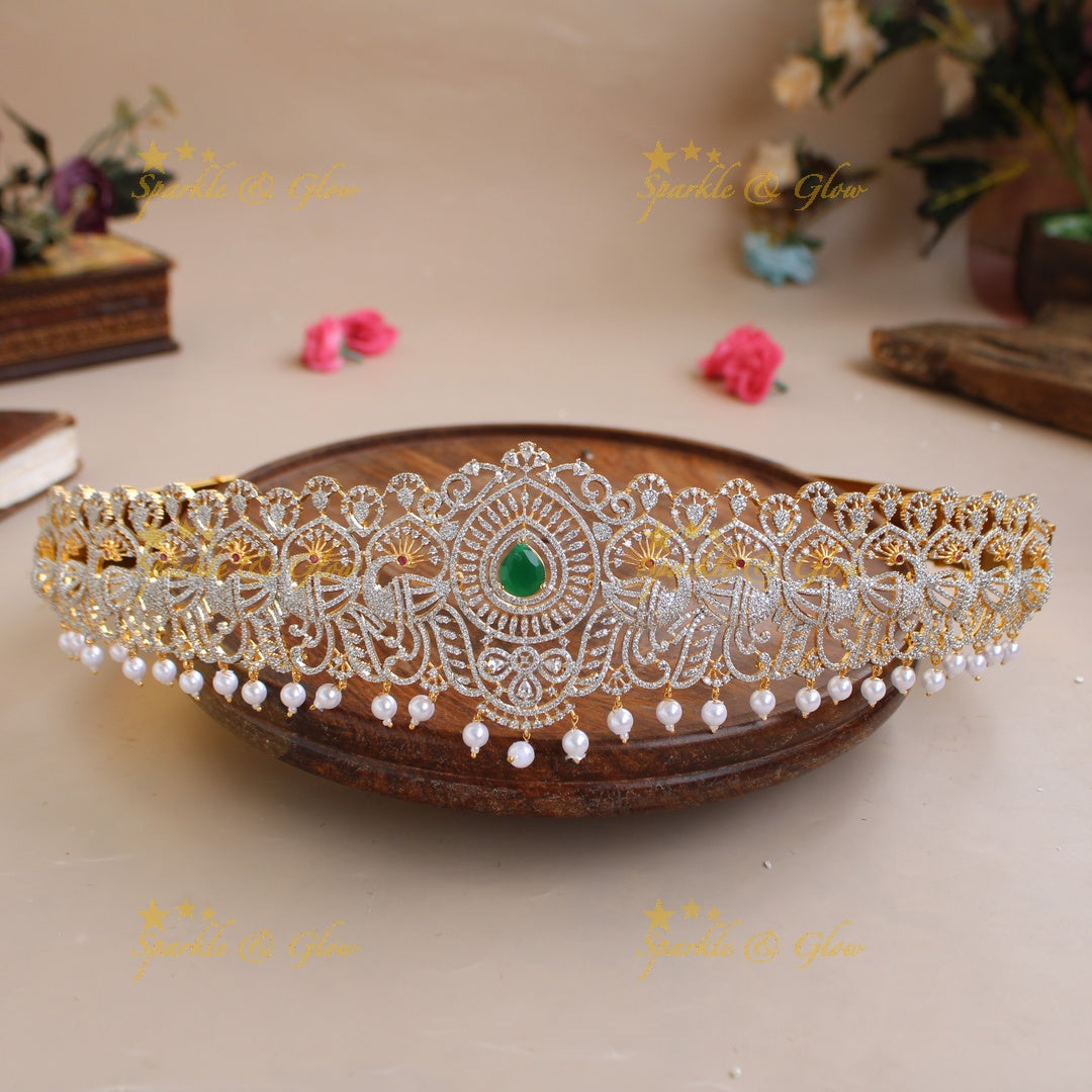 Beautiful Peacock design American diamond hipbelt with ruby and pearl drops