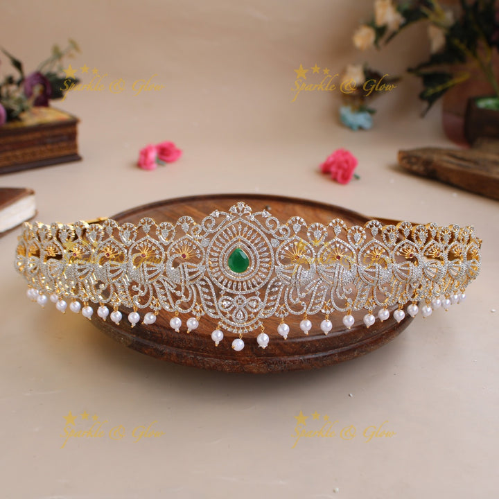 Beautiful Peacock design American diamond hipbelt with ruby and pearl drops