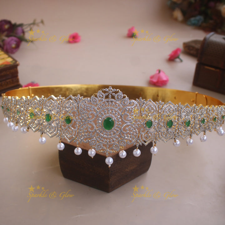 Statement Leaf design American diamond hipbelt with emerald and pearl drops