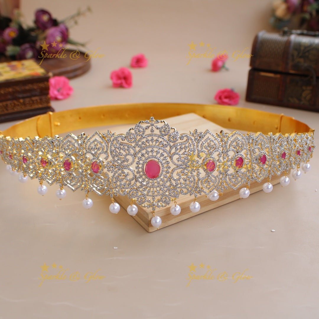 Statement Leaf design American diamond hipbelt with emerald and pearl drops