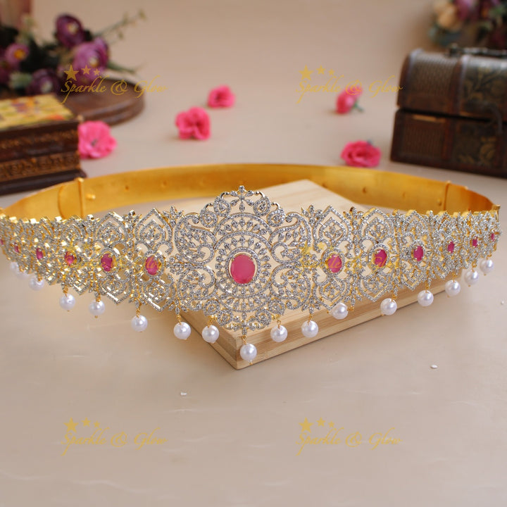 Statement Leaf design American diamond hipbelt with emerald and pearl drops