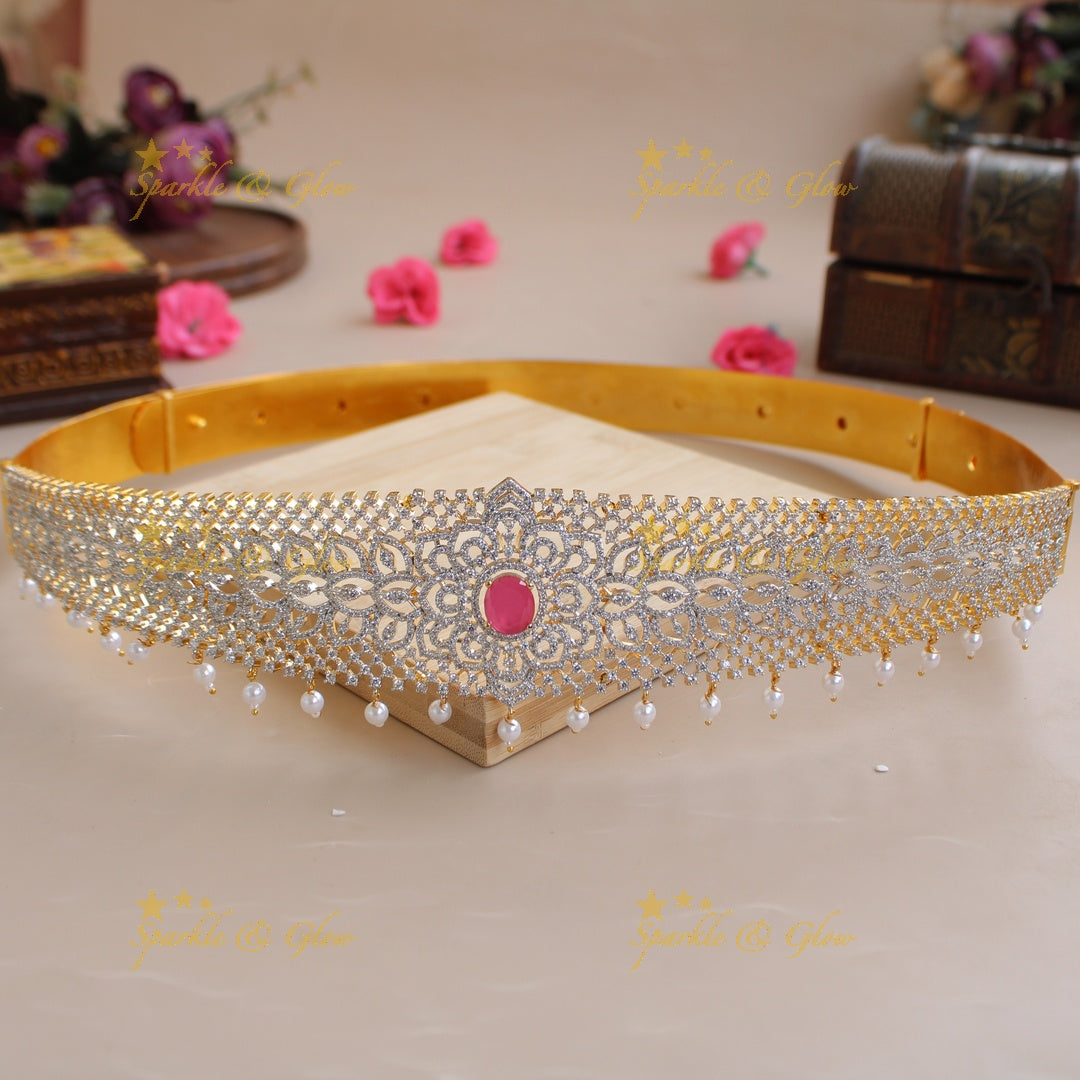Elegant Floral leaflet design American diamond hipbelt with ruby in centre and pearl drops