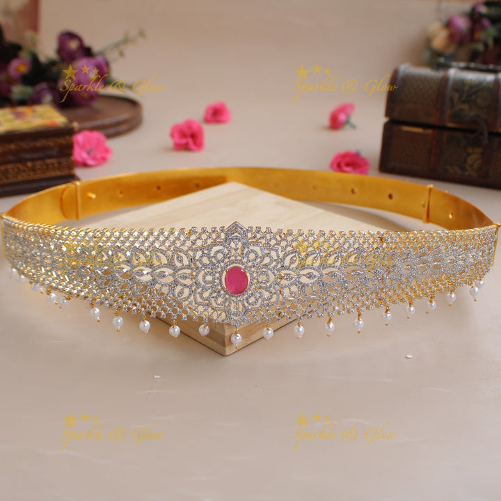 Elegant Floral leaflet design American diamond hipbelt with ruby in centre and pearl drops