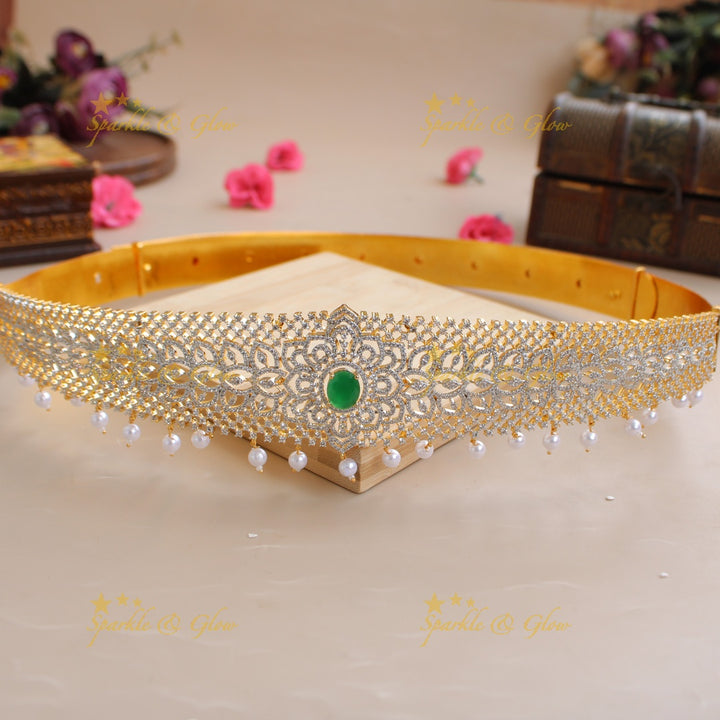 Elegant Floral leaflet design American diamond hipbelt with ruby in centre and pearl drops