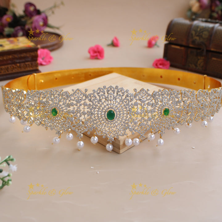 Grand Floral design American diamond hipbelt with emerald and pearl drops