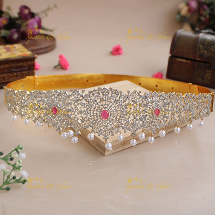 Grand Floral design American diamond hipbelt with emerald and pearl drops