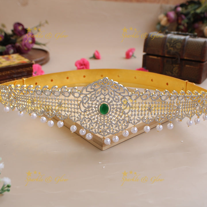 Stunning American diamond hipbelt with emerald and pearl drops