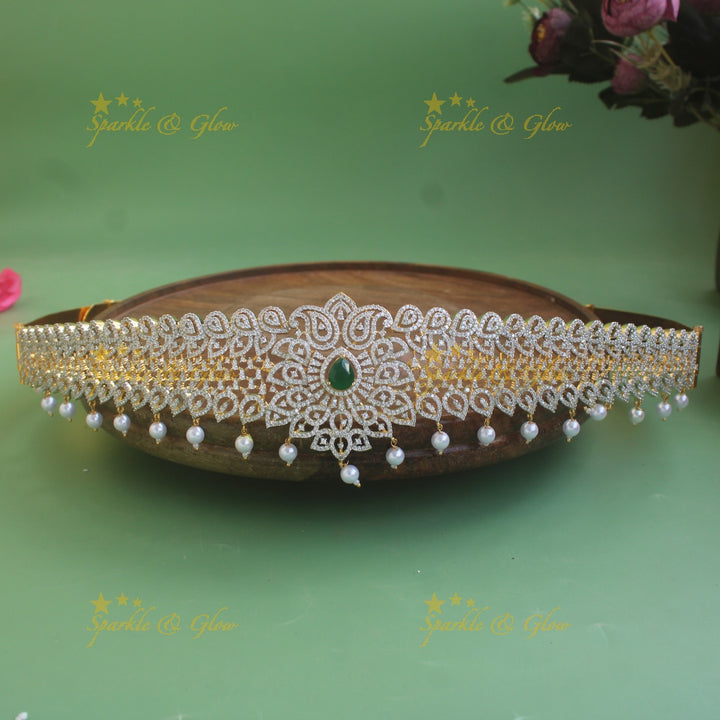 Statement Floral and Mango design American diamond hipbelt with emerald and pearl drops