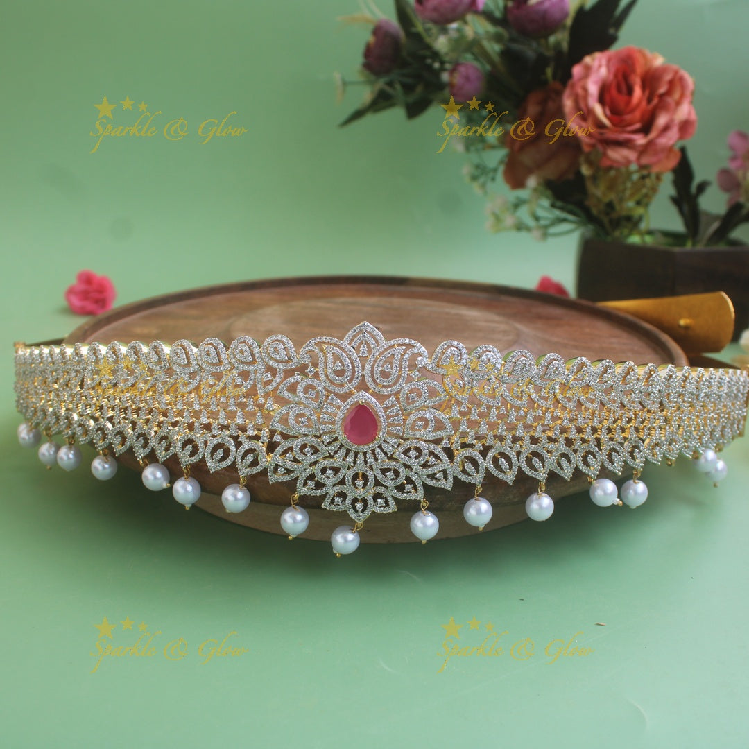 Statement Floral and Mango design American diamond hipbelt with emerald and pearl drops