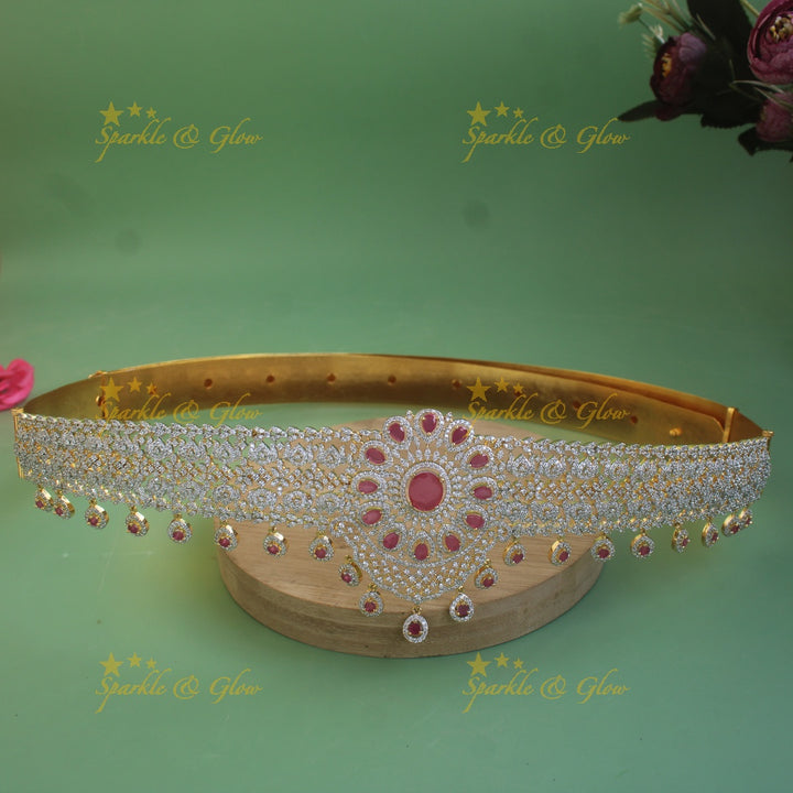 Elegant Floral design American diamond hipbelt with ruby stone drops