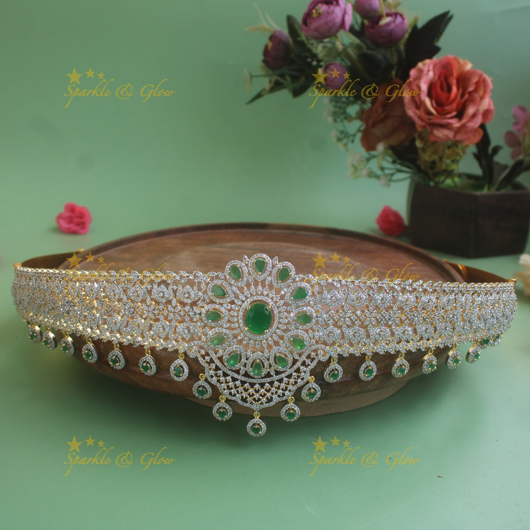 Elegant Floral design American diamond hipbelt with ruby stone drops