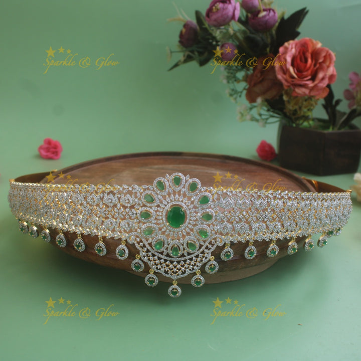 Elegant Floral design American diamond hipbelt with ruby stone drops