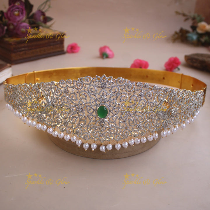 Beautiful Peacock floral design  American diamond hipbelt with emerald and pearl drops
