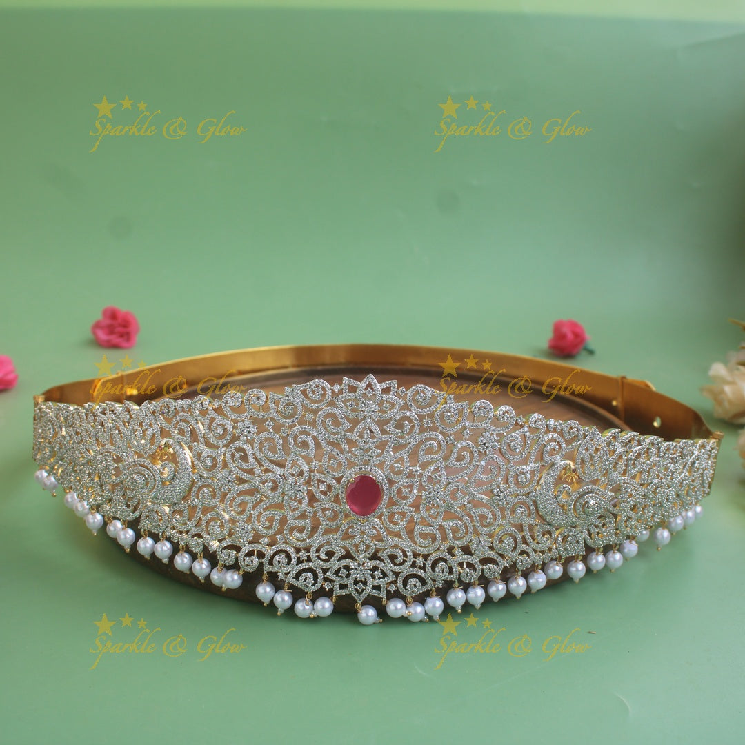 Beautiful Peacock floral design  American diamond hipbelt with emerald and pearl drops