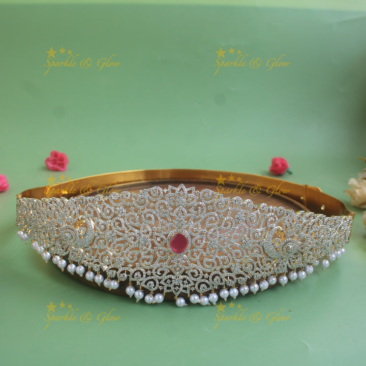 Beautiful Peacock floral design  American diamond hipbelt with emerald and pearl drops