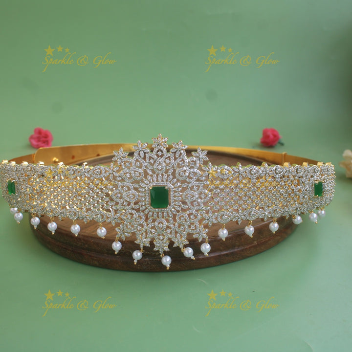 Gorgeous Floral design  American diamond hipbelt with emerald and pearl drops