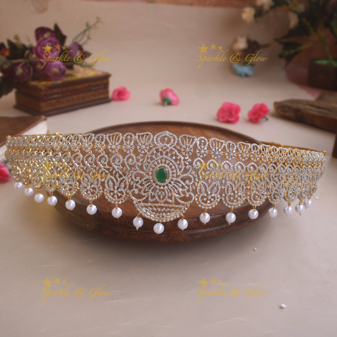 Statement Floral leaf design American diamond hipbelt with ruby and pearl drops