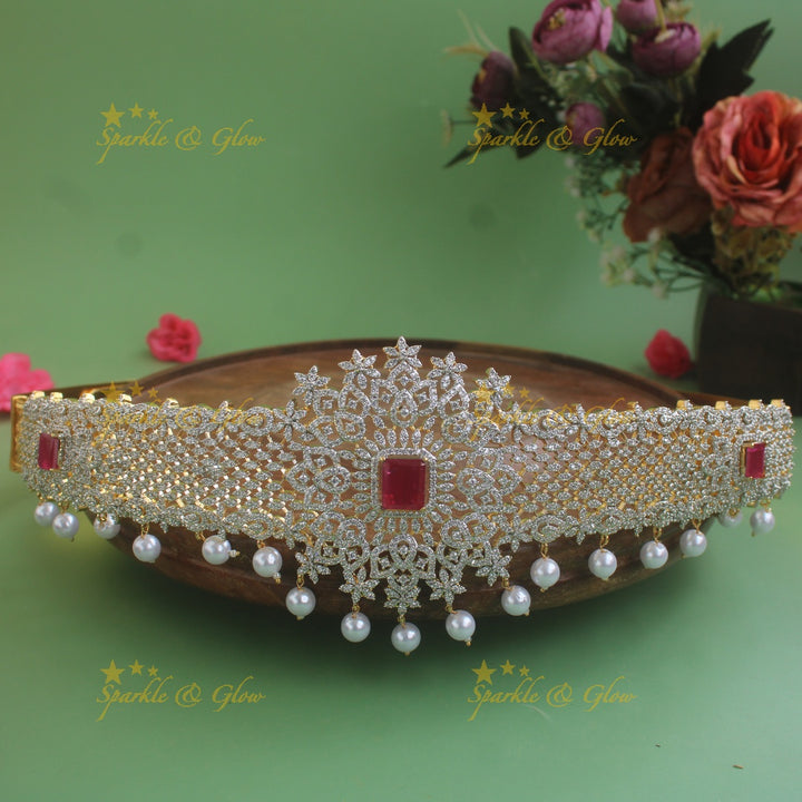 Gorgeous Floral design  American diamond hipbelt with emerald and pearl drops