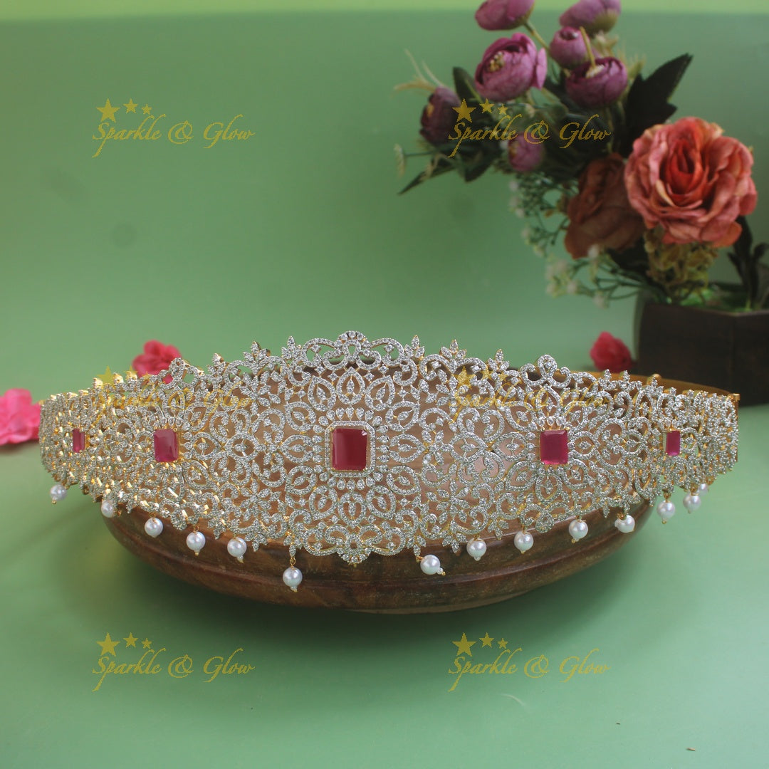 Sparkling Floral design American diamond hipbelt with ruby and pearl drops