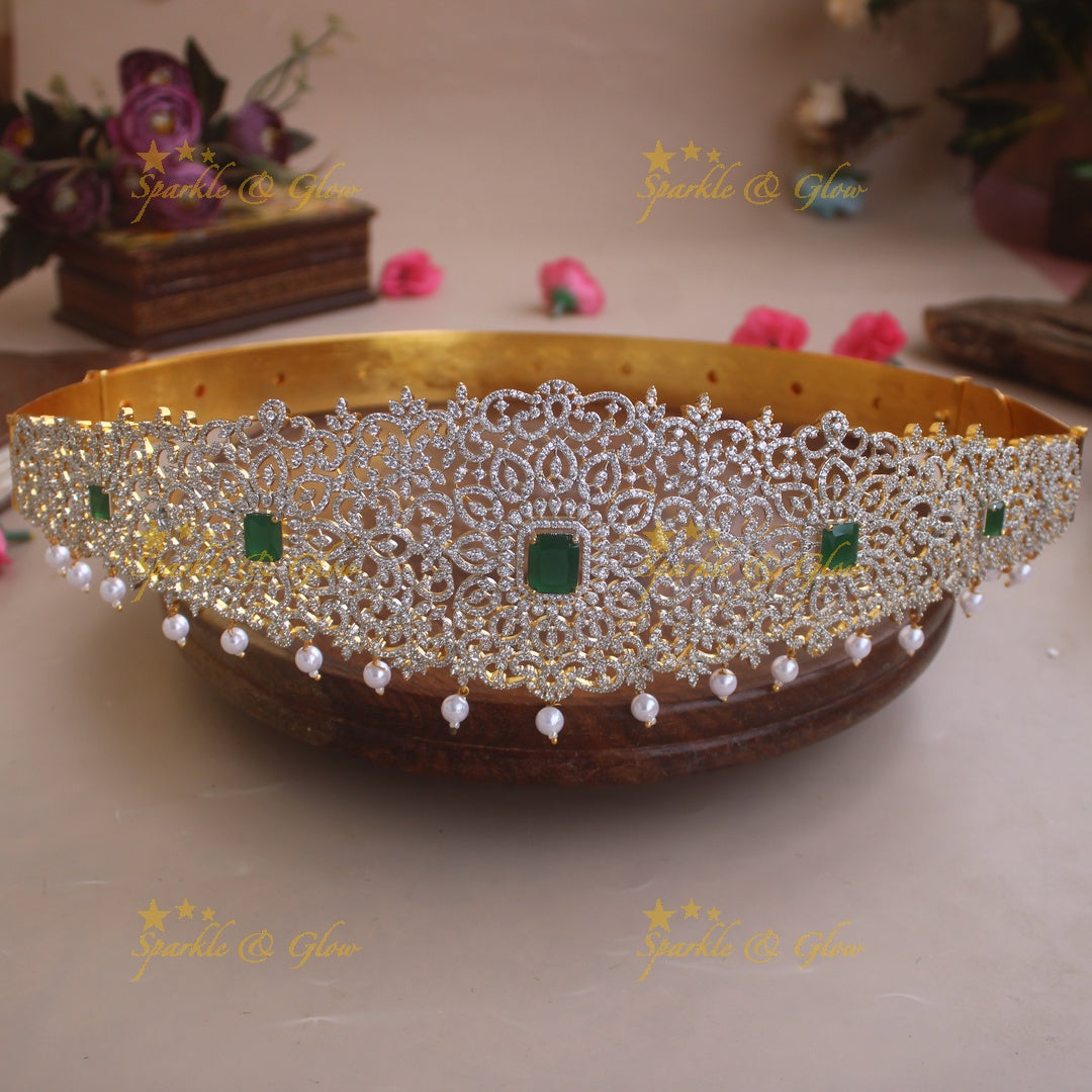 Sparkling Floral design American diamond hipbelt with ruby and pearl drops