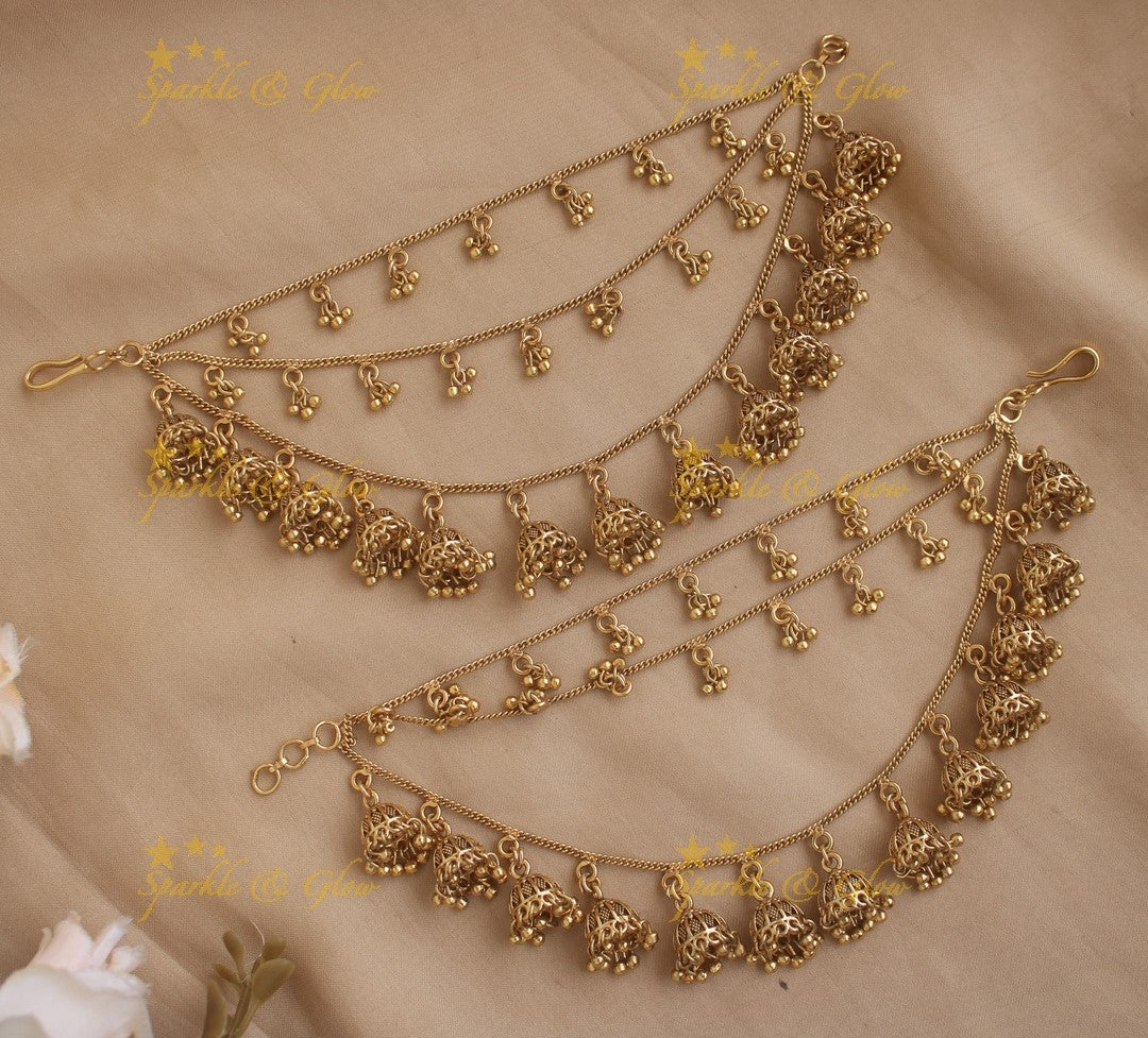Elegant Three layered Jhumuka design Earchain-Gold