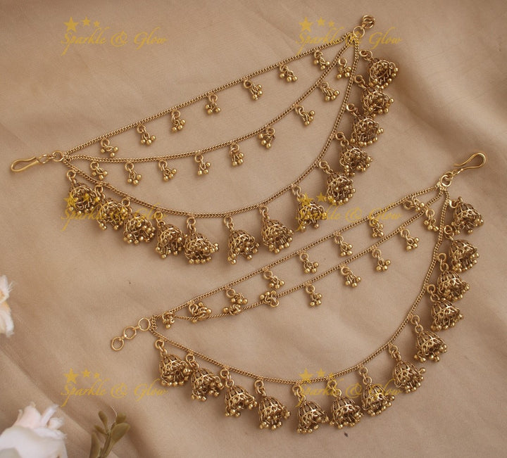 Elegant Three layered Jhumuka design Earchain-Gold