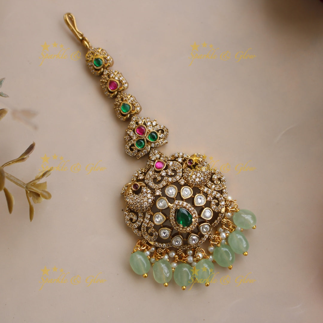 Statement Peacock Floral Victorian AD maang tikka with ruby and mint green beads
