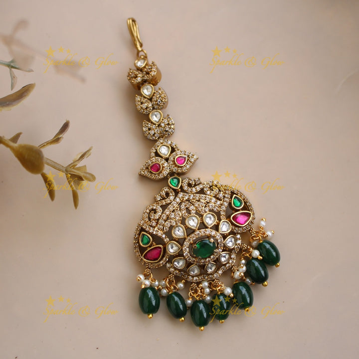 Grand Floral Victorian AD maang tikka with multi colour stones and mint green beads