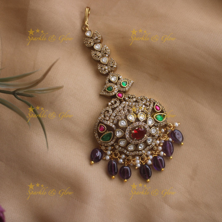 Grand Floral Victorian AD maang tikka with multi colour stones and mint green beads