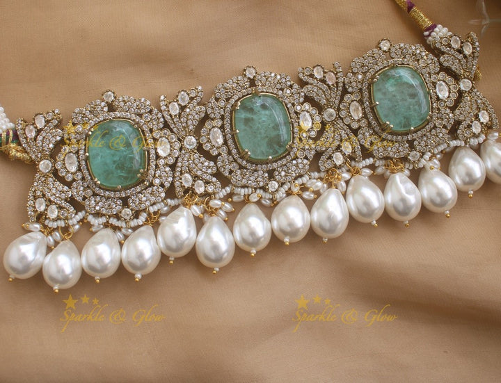 Sparkling Floral design Victorian AD Choker with Pearls- Mint green