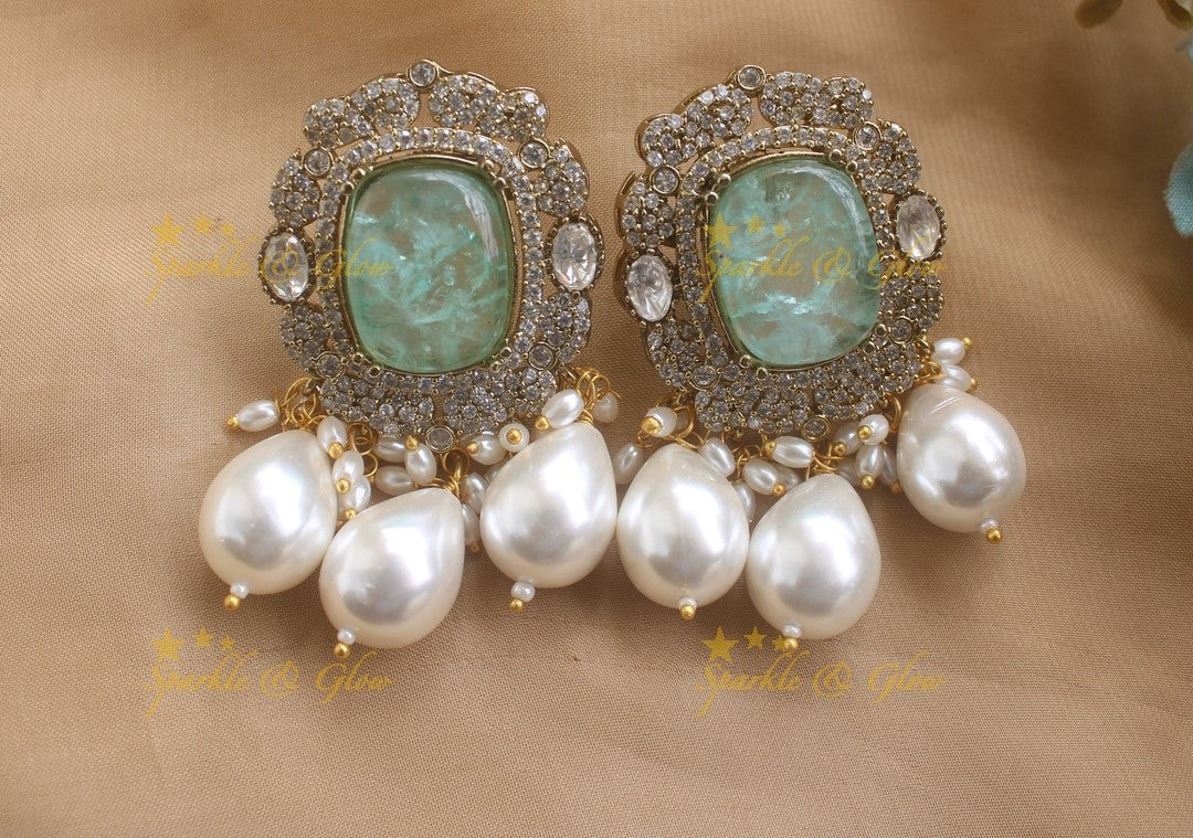 Sparkling Floral design Victorian AD Choker with Pearls- Mint green