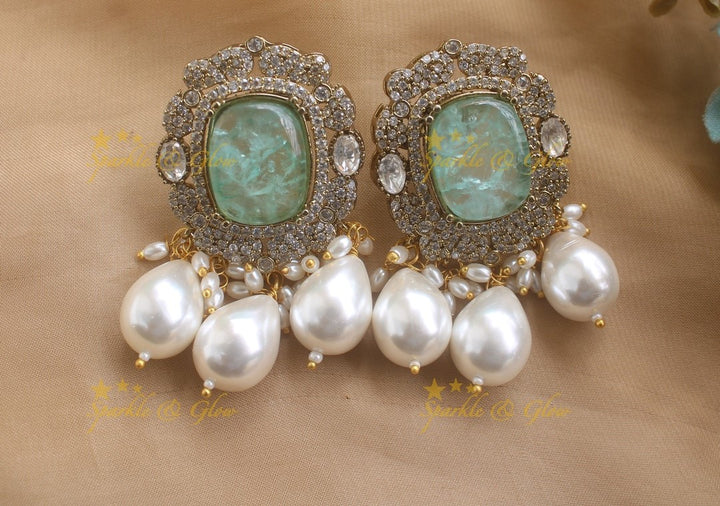 Sparkling Floral design Victorian AD Choker with Pearls- Mint green