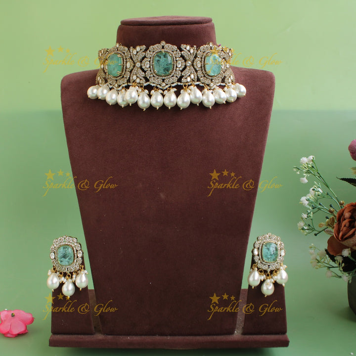 Sparkling Floral design Victorian AD Choker with Pearls- Mint green