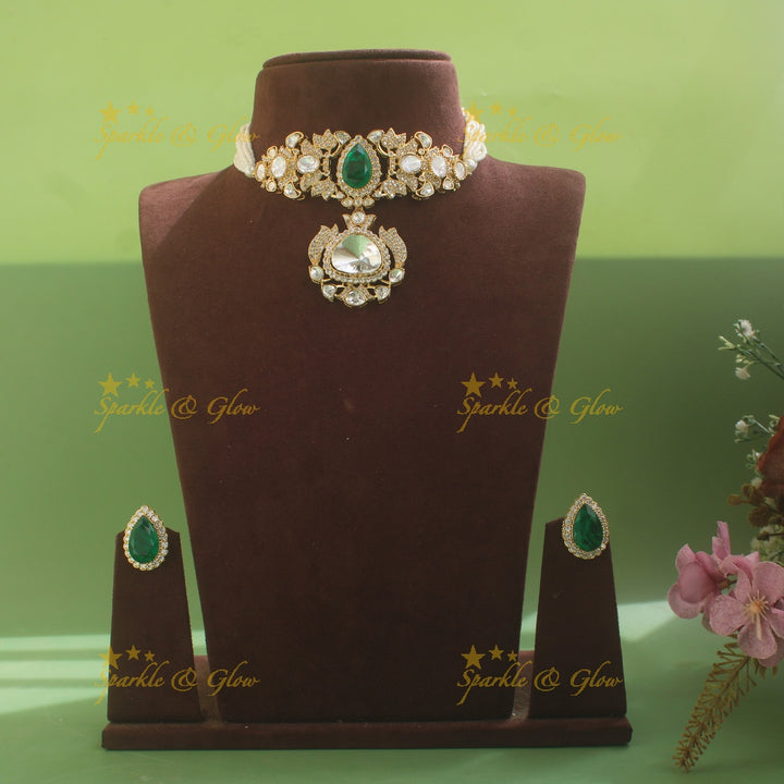 Stunning Leaf Oval design Pearl layered Victorian Kundan Choker- Green