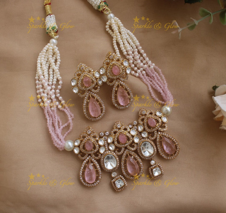 Elegant Oval Floral design Victorian AD layered beaded Choker- Light pink