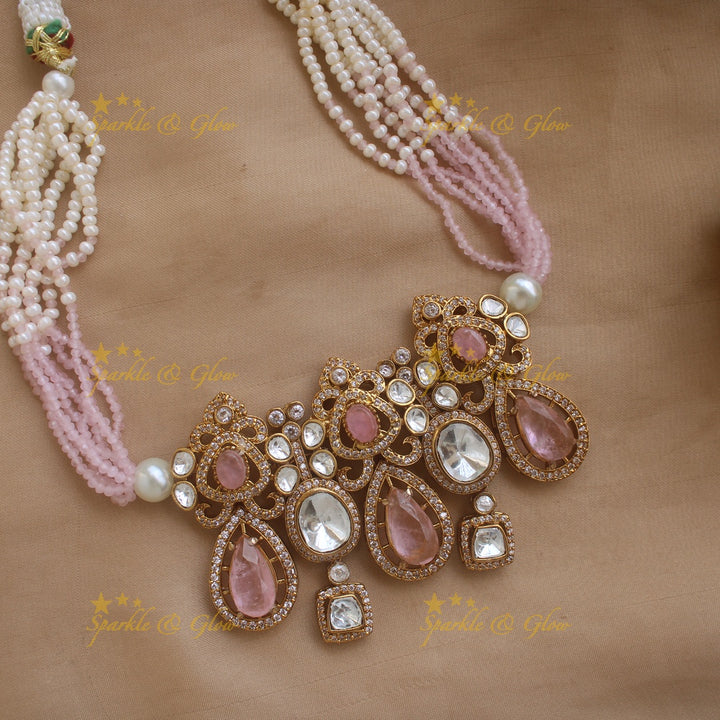 Elegant Oval Floral design Victorian AD layered beaded Choker- Light pink