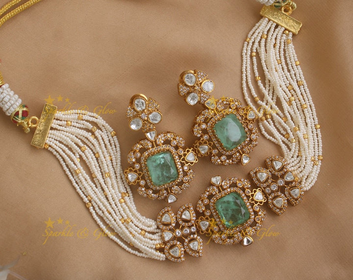 Elegant Square design Floral victorian high neck pearl choker- Mint green