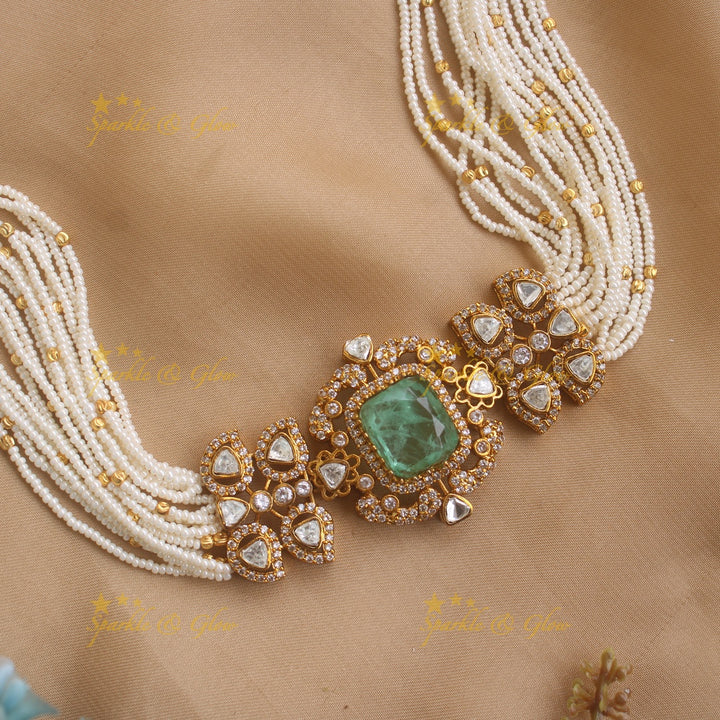 Elegant Square design Floral victorian high neck pearl choker- Mint green