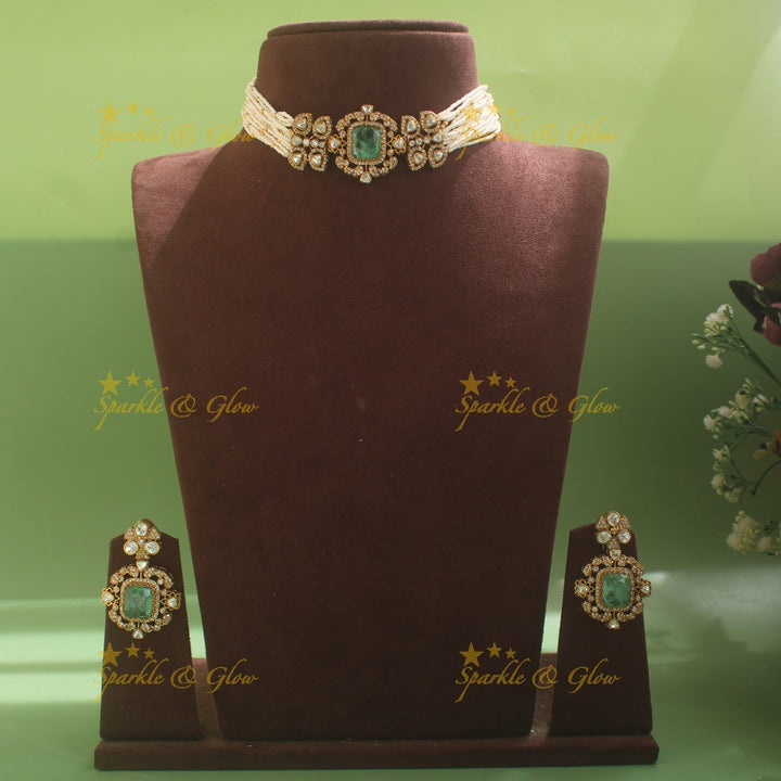 Elegant Square design Floral victorian high neck pearl choker- Mint green