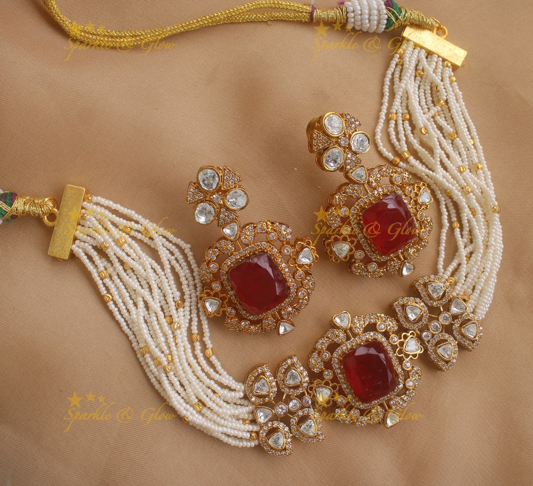 Elegant Square design Floral victorian high neck pearl choker- Red