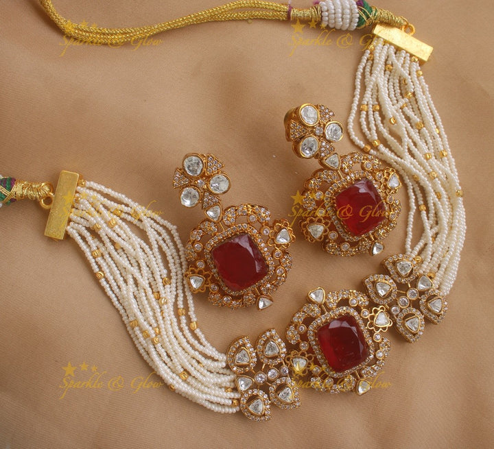 Elegant Square design Floral victorian high neck pearl choker- Red