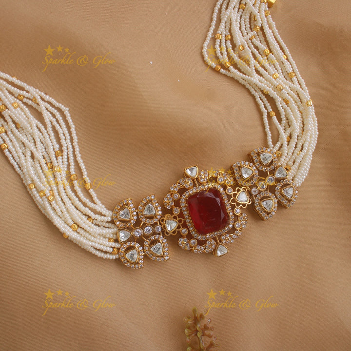 Elegant Square design Floral victorian high neck pearl choker- Red