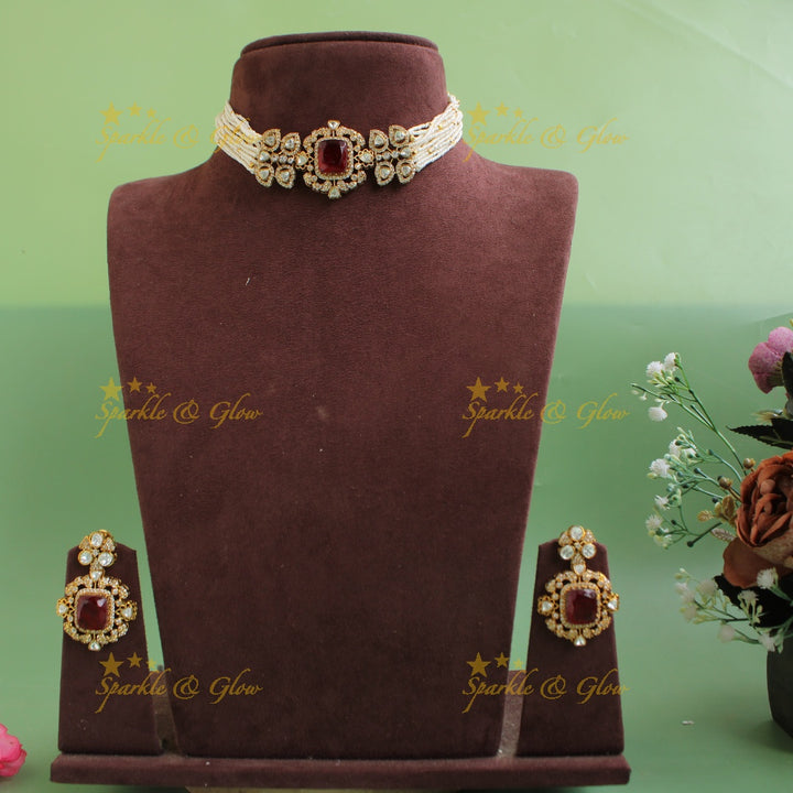 Elegant Square design Floral victorian high neck pearl choker- Red
