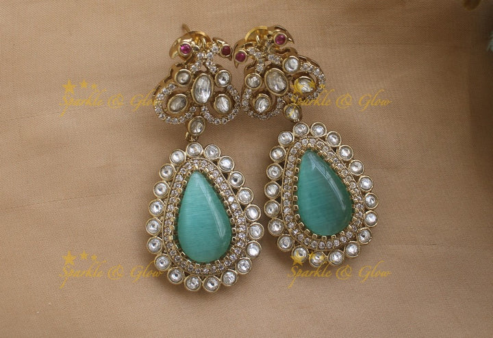 Stunning Dual Tone Peacock design victorian AD Necklace with Oval Stone droppings- Mint green