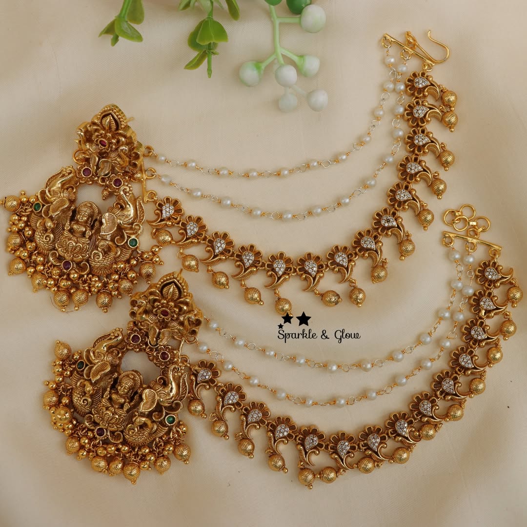 Exquisite Lakshmi Peacock Earrings & Earchain Combo