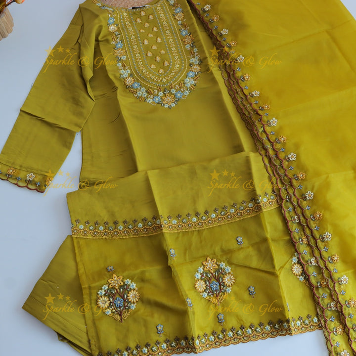 Beautiful Modal Silk Kurti pant with Organza Dupatta set- Mustard Yellow