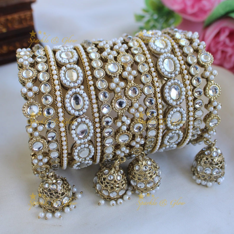 Statement Oval kundan stone bridal bangle set with pearls and jhumuka drops - Sparkle and Glow - 2.2 - 
