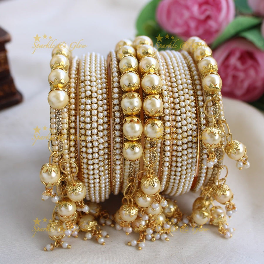 Stunning Pearl bridal bangle set with pearls drops - Sparkle and Glow - 2.2 - 